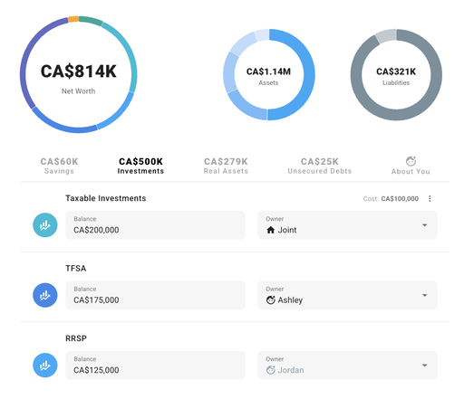 Financial planning software for modeling your current savings, investments, real assets, and debt
