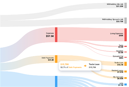 Sankey diagram in a financial plan depicting cash flowing to expenses, debt payments, and tax withholding